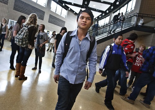 Leah Hogsten  |  The Salt Lake Tribune
KaPaw Htoo walks to class at Wasatch High. In June, he moved to Utah from a refugee camp in Thailand, where he was born to Karen parents fleeing violence in nearby Burma. He did not speak any English when he arrived, but his vocabulary is growing.