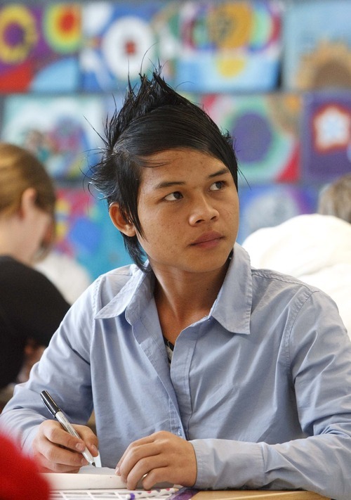 Leah Hogsten  |  The Salt Lake Tribune
KaPaw Htoo, 16, practices pen-and-ink drawing in his art class at Wasatch High. In June, he moved to Utah from a refugee camp in Thailand, where he was born to Karen parents fleeing violence in nearby Burma. He did not speak any English when he arrived, but his vocabulary is growing with a class schedule that focuses heavily on learning English.