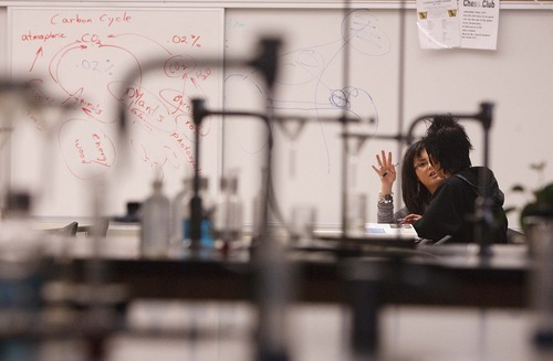 Leah Hogsten  |  The Salt Lake Tribune

Wendy Sharp, an instructional aide, helps KaPaw Htoo study for an upcoming science test. Because he speaks little English, KaPaw Htoo will draw the nitrogen cycle instead of answering questions about it.