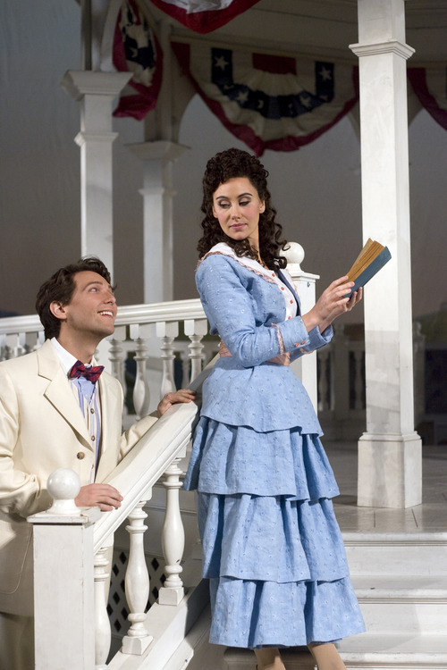 Kim Raff  |  The Salt Lake Tribune
(right) Anya Matanovic, playing Adina, (left) Aaron Blake, playing Nemorino pose during a preview for Utah Opera's production of 