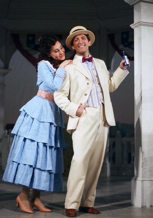 Kim Raff  |  The Salt Lake Tribune
(left) Anya Matanovic, playing Adina, (right) Aaron Blake, playing Nemorino pose during a preview for Utah Opera's production of 