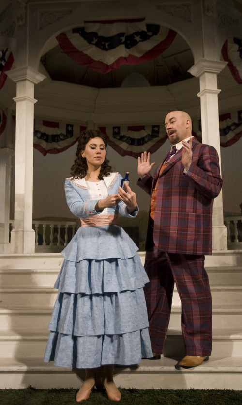 Kim Raff  |  The Salt Lake Tribune
(left) Anya Matanovic, playing Adina, and Rod Nelman, playing Dulcamara, pose during a preview for Utah Opera's production of 