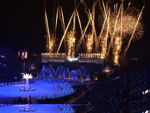 Steve Griffin | Tribune file photo 
Fireworks explode during the finale of the Paralympics Opening Ceremonies at Rice Eccles Stadium March 7, 2002.