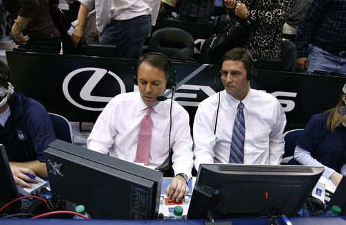 Djamila Grossman  |  The Salt Lake Tribune

Brigham Young University broadcasters Andy Toolson and Dave McCann, left, work during a BYU basketball game against the University of Arizona in Salt Lake City, on Saturday, Dec. 11, 2010.