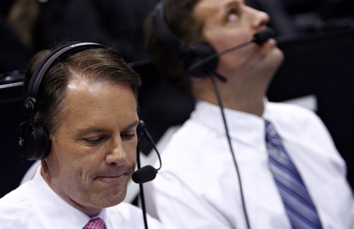 Djamila Grossman  |  The Salt Lake Tribune

Brigham Young University broadcasters Dave McCann, left, and Andy Toolson work during a BYU basketball game against the University of Arizona in Salt Lake City, on Saturday, Dec. 11, 2010.
