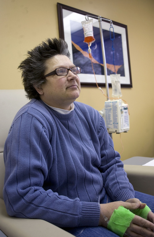 Al Hartmann  |  The Salt Lake Tribune
Brenda Olson undergoes chemotherapy with a drug, Doxil, that just months ago she was told was unavailable. She was able to get it through a rationing system developed by the drugmaker. Doxil won't cure her ovarian cancer, but it's keeping the cancer's growth in check and prolonging her life -- for now.