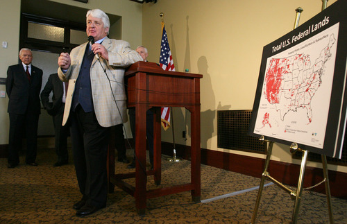 Steve Griffin  |  The Salt Lake Tribune

Rep. Rob Bishop stands with a map showing a majority of the land owned by the federal government is in the Western state, including Utah. Bishop joined Sen. Orrin Hatch in a Capitol news conference Tuesday to praise the Utah Legislature's efforts to take control of millions of acres of federal lands.
