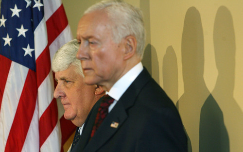 Steve Griffin  |  The Salt Lake Tribune

Rep. Rob Bishop stands with Sen. Orrin Hatch as officials hold a news conference to laud the Legislature for its effort to take state control of millions of acres of federal lands.