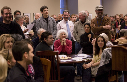 Leah Hogsten  |  The Salt Lake Tribune
 It was standing-room-only as Utah Democrats held caucuses in the state Capitol cafeteria Tuesday to elect delegates to state and county conventions.