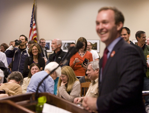 Leah Hogsten  |  The Salt Lake Tribune
State Sen. Ben McAdams, D-Salt Lake City, draws a laugh from Democrats while campaigning for Salt Lake County mayor at party caucuses at the Utah Capitol on Tuesday evening. McAdams is running against fellow Democratic Sen. Ross Romero for the party's nomination to replace outgoing Mayor Peter Corroon.