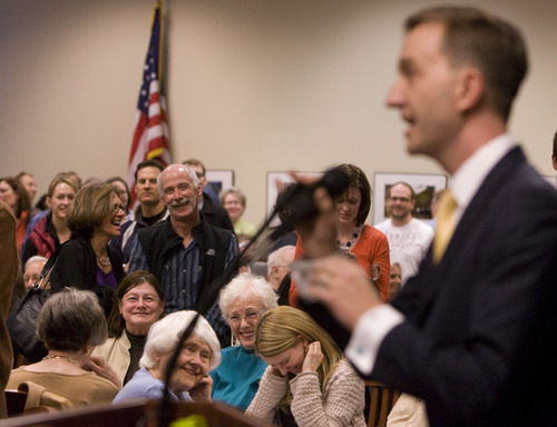 Leah Hogsten  |  The Salt Lake Tribune
Pete Ashdown draws a laugh from the crowd while stumping for the U.S. Senate during party caucuses Tuesday night at the Utah Capitol. Ashdown hopes to secure the Democratic nomination for the seat now held by six-term Republican Sen. Orrin Hatch.