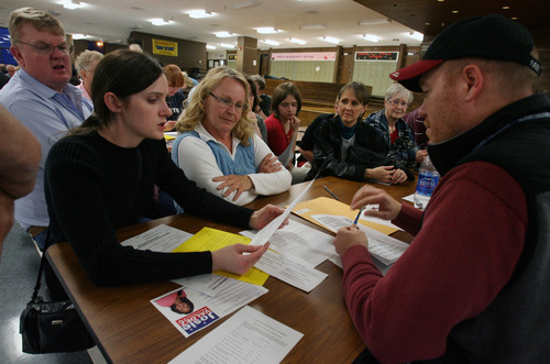 Steve Griffin  |  The Salt Lake Tribune

Democrats attend party caucuses Tuesday night at Eisenhower Junior High School in Taylorsville. Delegates elected at 148 locations around the state will shape the candidate lineup for this year's election -- choosing nominees in races from governor to the Legislature and county elections.