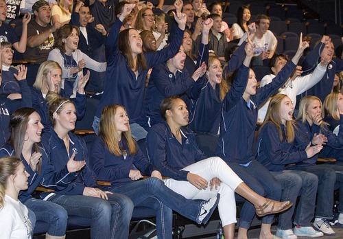 Paul Fraughton | The Salt Lake Tribune.
BYU's women's basketball team reacts to the announcement that they were selected as a number 10 seed to play  DePaul in the Des Moines Region of the NCAA Basketball Tournament. 
 Monday, March 12, 2012