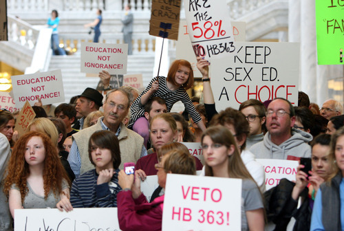Steve Griffin  |  The Salt Lake Tribune


Hundreds of people rally in the state capitol rotunda, in Salt Lake City, Utah  Wednesday, March 14, 2012, to urge Utah governor Gary Herbert to veto HB363, the sex education bill.
