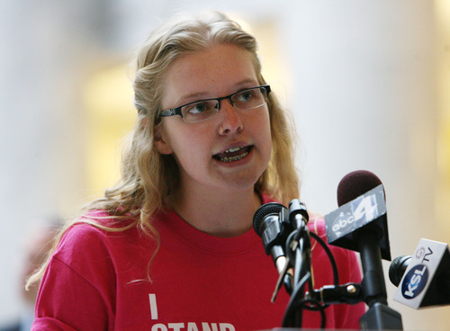 Steve Griffin  |  The Salt Lake Tribune


West High School junior Zoe Diener, 17, talks to hundreds of people during rally at the state capitol rotunda in Salt Lake City, Utah  Wednesday, March 14, 2012. The group is trying to urge Utah governor Gary Herbert to veto HB363, the sex education bill.
