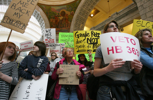 Steve Griffin  |  The Salt Lake Tribune


Hundreds of people rally in the state capitol rotunda, in Salt Lake City, Utah  Wednesday, March 14, 2012, to urge Utah governor Gary Herbert to veto HB363, the sex education bill.