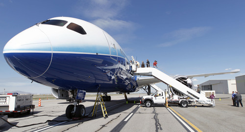 Al Hartmann  |  The Salt Lake Tribune
Guests in Salt Lake City take a tour of the new Boeing 787 Dreamliner Thursday March 15.