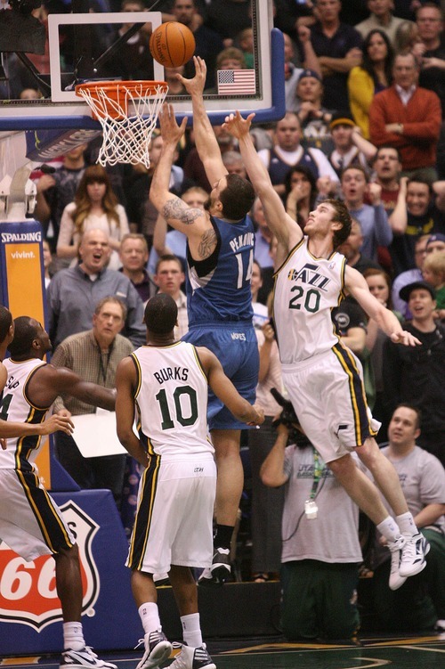 Paul Fraughton | The Salt Lake Tribune.
Minnesota's Nikola Pekovic ties the game with this shot, leaving only .7 seconds for the Jazz to score.  The Utah Jazz played the Minnesota Timberwolves at Energy Solutions Arena.
 Thursday, March 15, 2012