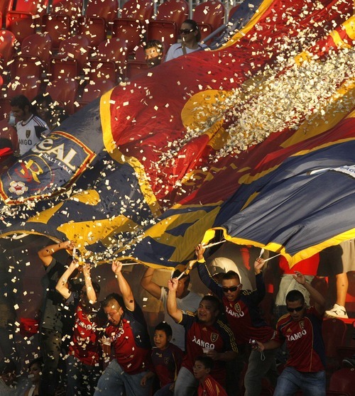 Trent Nelson  |  The Salt Lake Tribune
Real Salt Lake fans celebrate a first-half goal by Luis Gil during a match against the Red Bulls at Rio Tinto Stadium in Sandy in 2011.