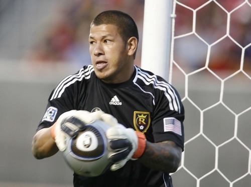 Trent Nelson  |  The Salt Lake Tribune
Real goalkeeper Nick Rimando pulls in the ball. Real Salt Lake vs. Columbus Crew, MLS soccer at Rio Tintio Stadium in Sandy, Saturday, August 14, 2010.