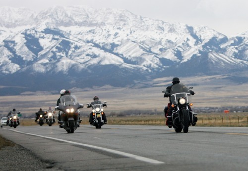 Kim Raff  |  The Salt Lake Tribune
Riders drive the final leg after making a pit stop Sunday at the Miller Motorsports Park in Grantsville during the 35th annual Polar Bear Ride to celebrate the 70th anniversary of the Salt Lake Motorcycle Club.