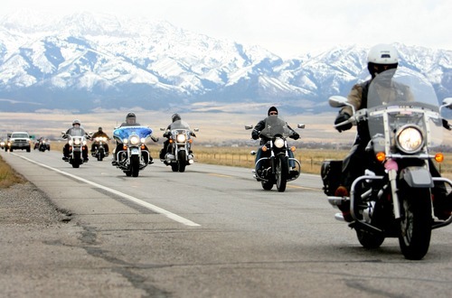 Kim Raff | The Salt Lake Tribune
Riders drive the final leg after making a pit stop Sunday at the Miller Motorsports Park in Granstville during the 35th annual Polar Bear Ride to celebrate the 70th anniversary of the Salt Lake Motorcycle Club.