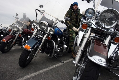Kim Raff  |  The Salt Lake Tribune
David Hansen makes a pit stop Sunday at the Miller Motorsports Park in Grantsville during the 35th annual Polar Bear Ride to celebrate the 70th anniversary of the Salt Lake Motorcycle Club.