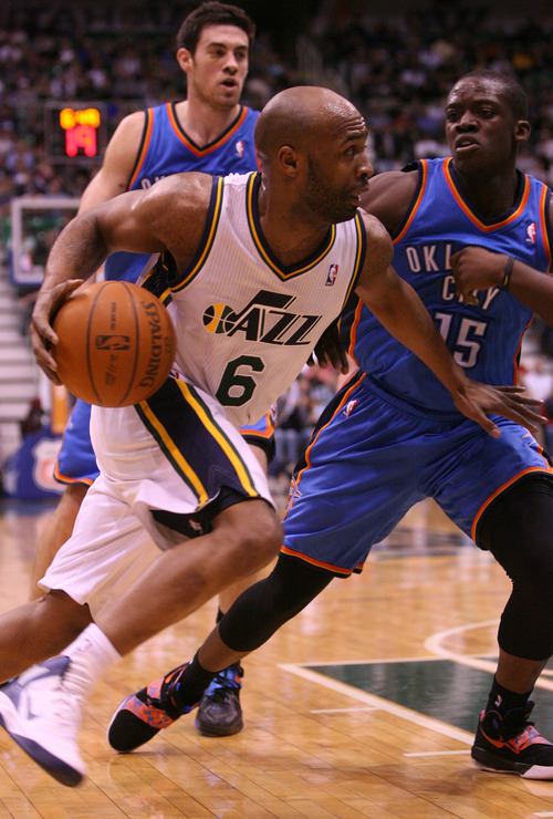 Leah Hogsten  |  The Salt Lake Tribune
Jazz's Jamaal Tinsley had 9 points in the first half.  Utah Jazz lead 52-44 after the first half against Oklahoma City Thunder, Tuesday, March 20, 2012, at the Energy Solutions Arena in Salt Lake City, Utah .