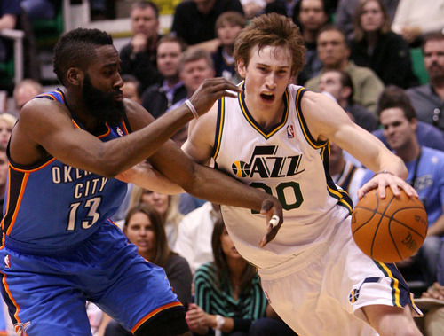 Leah Hogsten  |  The Salt Lake Tribune
The Jazz's Gordon Hayward had 11 points for the game. Utah Jazz defeated Oklahoma City Thunder 97-90 Tuesday, March 20, 2012, at the Energy Solutions Arena in Salt Lake City, Utah .