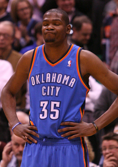 Leah Hogsten  |  The Salt Lake Tribune
The Thunder's Kevin Durant reacts during the final moments.   Utah Jazz defeated Oklahoma City Thunder 97-90 Tuesday, March 20, 2012, at the Energy Solutions Arena in Salt Lake City, Utah .