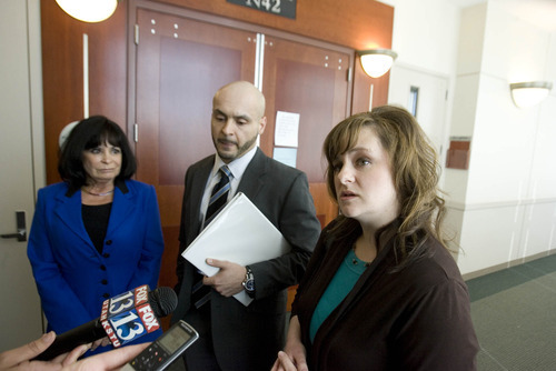 Paul Fraughton | The Salt Lake Tribune
Rob Manzanares and his mother, Elizabeth, stand next to their attorney Jennifer Reyes, right, after a Wednesday hearing on the custody of Rob Manzanares' daughter, given up at birth without his consent.