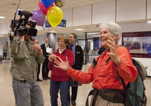 Leah Hogsten  |  The Salt Lake Tribune
Carol Masheter was greeted by co-workers and fellow Wasatch Mountain Club hikers at Salt Lake City International Airport on Wednesday. On March 17, Salt Lake City resident Carol Masheter, 65, reached the summit of Mount Kosciuszko in Australia, making her the oldest woman in the world to have reached the summit of the highest mountains on each of the world's seven continents.