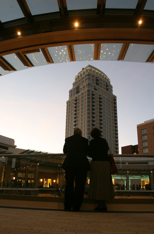 Steve Griffin  |  The Salt Lake Tribune

 Shoppers enjoy the sunset during the City Creek Center Charity Gala in Salt Lake City on Wednesday. The event featured entertainment, food and beverages and a chance to be one of the first to shop the City Creek Center stores.