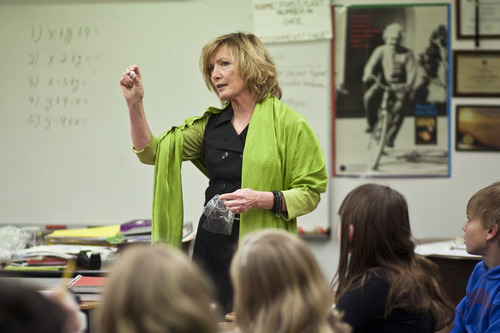 Chris Detrick  |  The Salt Lake Tribune
Linda Walker teaches math in her fifth-grade class at Ridgecrest Elementary in Cottonwood Heights. Walker teaches the SALTA program -- otherwise known as Supporting Advanced Learners Toward Achievement -- which targets students who test high academically.