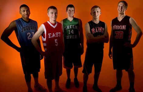Composite photo by Kim Raff and and Steve Griffin| The Salt Lake Tribune
All-State boys' basketball MVPs, from left: Jordan Loveridge (5A), of West Jordan High School; Parker Van Dyke (4A), of East High School;  Justin Johnson (1A), of Green River High School;  Race Parsons (2A), of South Sevier High School; and Boston Gubler (3A), of Hurricane High School.