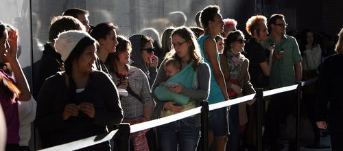 Steve Griffin  |  The Salt Lake Tribune


Shoppers wait in line to get into the H&M store during the City Creek Center opening in Salt Lake City on Thursday, March 22, 2012.