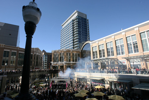Steve Griffin  |  The Salt Lake Tribune

Fireworks shoot from the stage after dignitaries cut the ribbon to officially open the City Creek Center grand opening in Salt Lake City on Thursday, March 22, 2012.
