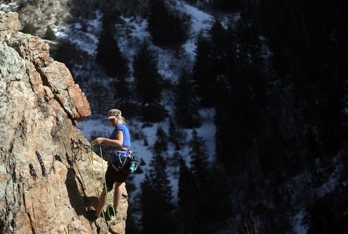 Kim Raff | The Salt Lake Tribune
Sarah Benson climbs the Appendage in Rock Canyon in Provo, Utah on March 22, 2012.