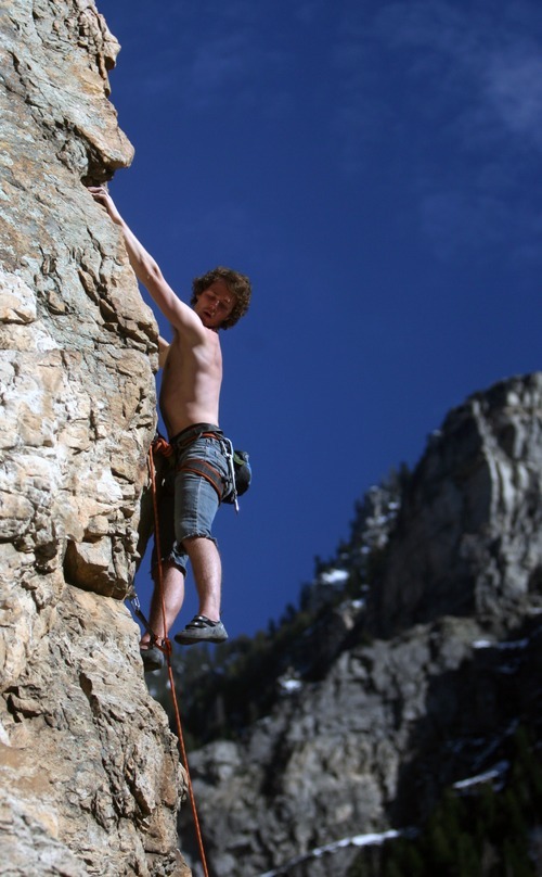 Kim Raff | The Salt Lake Tribune
Lance Osborne climbs the Appendage in Rock Canyon in Provo, Utah on March 22, 2012.