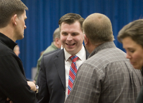 Kim Raff | Tribune file photo
Dan Liljenquist talks with people at the Republican caucus at Mueller Park Junior High in Bountiful on March 15.