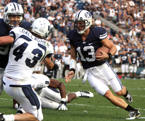 Rick Egan  | Tribune file photo

Brigham Young quarterback Riley Nelson was just 2-for-6 for 15 yards, and was intercepted by Mike Hague in Monday's practice.