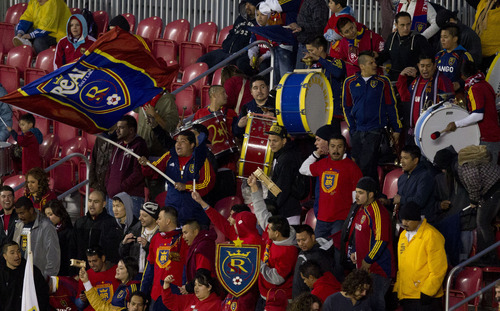 Trent Nelson  |  The Salt Lake Tribune
Real fans warm up in preparation for Real Salt Lake vs. New York Red Bulls, MLS Soccer Saturday, March 17, 2012 at Rio Tinto Stadium in Sandy, Utah.