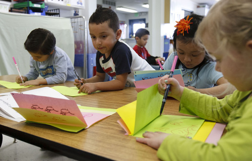 Trent Nelson  |  The Salt Lake Tribune
Children work on art at the Early Learning Center preschool at the Granite School District on March 15 in Salt Lake City.