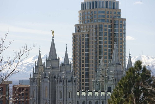 Trent Nelson  |  Salt Lake Tribune
The Salt Lake LDS temple shares the skyline with the Promontory Residential Tower, which is part of the new City Creek development in Salt Lake City.