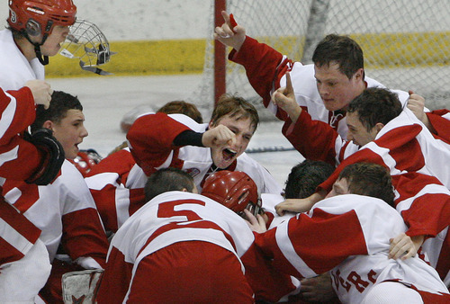 Scott Sommerdorf  |  The Salt Lake Tribune             
The Regis Jesuit (Colo) Raiders celebrate after their win in the 2012 USA High School Hockey Championship was final. Their 4-3 win over the Waterloo (Iowa) Warriors, Sunday, March 25, 2012 gave them the title.