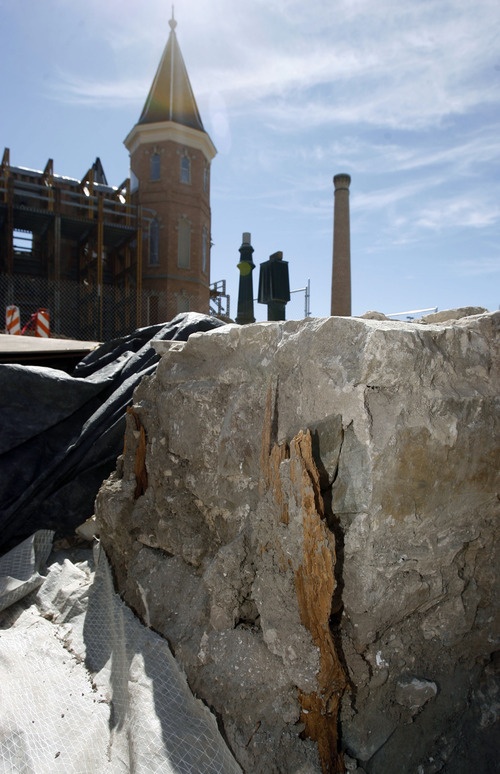 Francisco Kjolseth  |  The Salt Lake Tribune
Some wood remains alongside the entrance to the old Provo Tabernacle which was originally completed in 1867 and is revealed once again as BYU archaeology students work on the remains in order to record what they find as part of an archaeology class. The former building which stood three stories tall was unearthead from its resting place next to the current Tabernacle which burned down in December of 2010 and is being restored as the Provo City Center Temple.