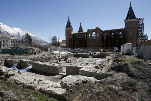 Francisco Kjolseth  |  The Salt Lake Tribune
The four foot thick foundation walls of the old Provo Tabernacle which was originally completed in 1867 are revealed once again as BYU archaeology students work on the remains in order to record what they find as part of an archaeology class.