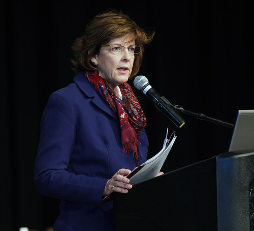 Al Hartmann  |  The Salt Lake Tribune
Cathy Kahlow, U.S Forest Service, gives opening remarks at the Wasatch Canyons Today Symposium on Monday, March 26.