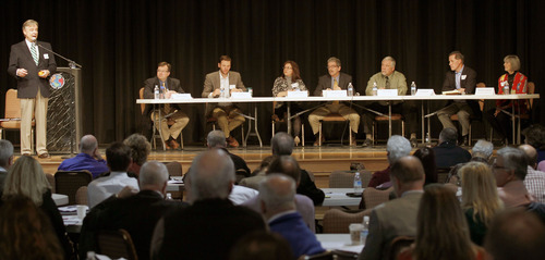 Al Hartmann  |  The Salt Lake Tribune
A diverse panel of speakers from government, private and conservation gather to discuss canyon uses at the Wasatch Canyons Today Symposium on Monday, March 26.