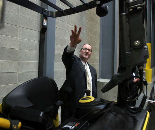 Steve Griffin  |  The Salt Lake Tribune
Richard Humpherys, manager of the LDS Church's new Bishops' Central Storehouse Salt Lake City, Utah, explains the advanced technology that is involved with the fork lifts at the storehouse on Tuesday, March 6, 2012.